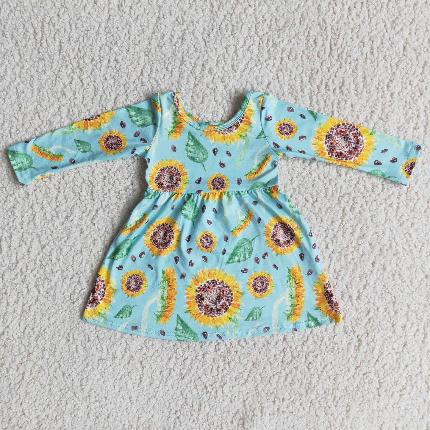 Blue Long Sleeve Sunflower Girls Dress