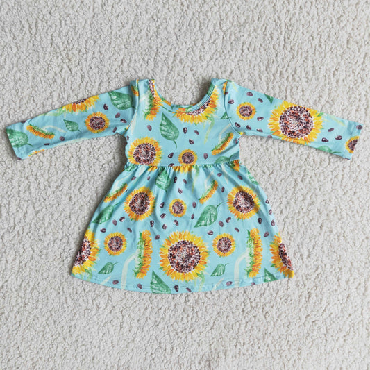 Blue Long Sleeve Sunflower Girls Dress