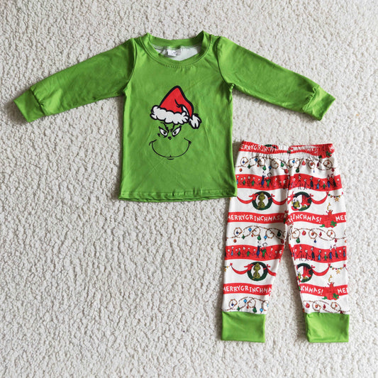 Clearance  6 A14-19 Christmas Green Red Cartoon Santa  Boys Long Sleeve Pants Outfits Pajamas