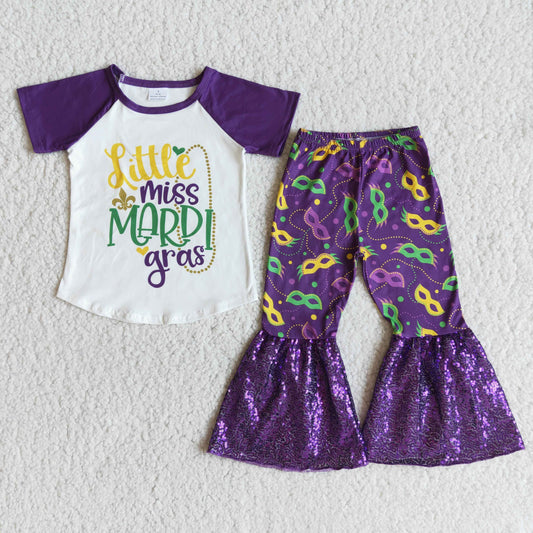 E7-27 Mardi Gras Purple Sequin Girls Short Sleeve Bell Bottom Pants Outfits