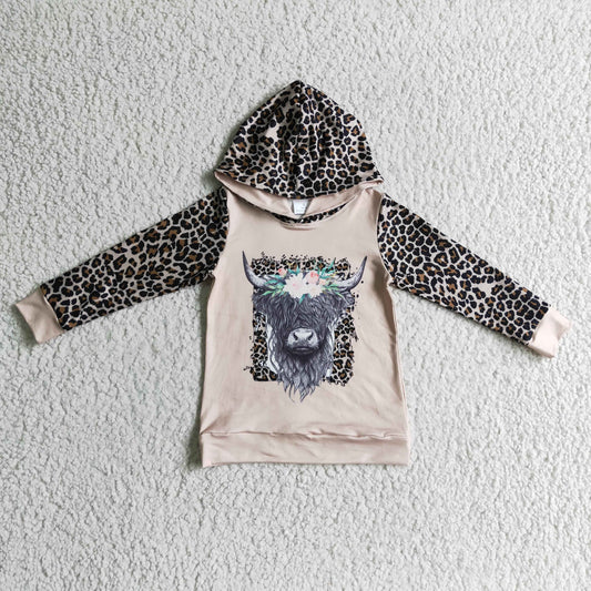 GT0069  Brown Leopard Floral Highland Cow Print Western Girls Long Sleeve Hoodies Top