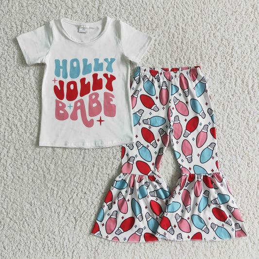 Clearance D8-1 Christmas Red Blue Holly Jolly Babe Girls Short Sleeve Bell Bottom Pants Outfits