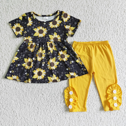 Clearance C7-15 Yellow Sunflower Print Girls Short Sleeve Pants Outfits