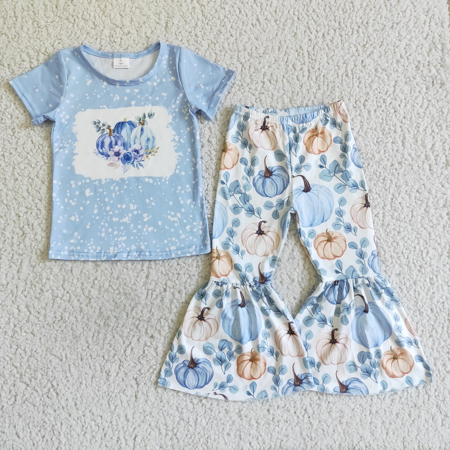 Promotion RTS B9-13 Blue Bleach Halloween Pumpkin Floral Girls Short Sleeve Pants Outfits