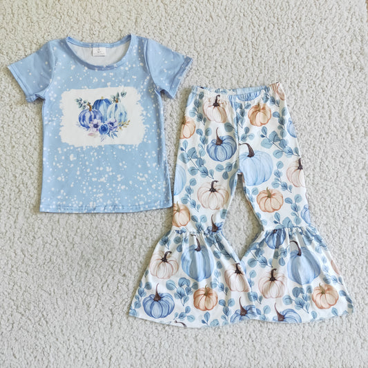 Promotion RTS B9-13 Blue Bleach Halloween Pumpkin Floral Girls Short Sleeve Pants Outfits