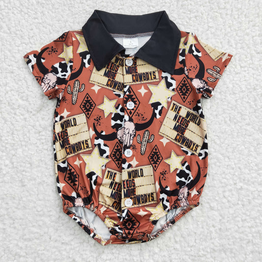 SR0193 Brown Western Cowboy Collar Girls Short Sleeve Romper