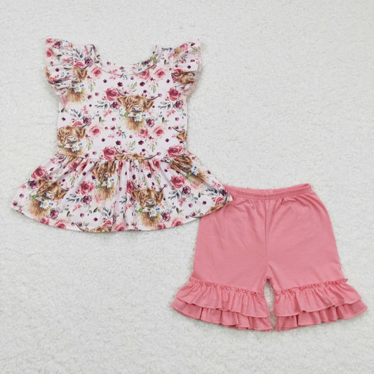 GSSO0133 Pink Floral Highland Cow  Ruffles Girls Short Sleeve Shorts Outfits