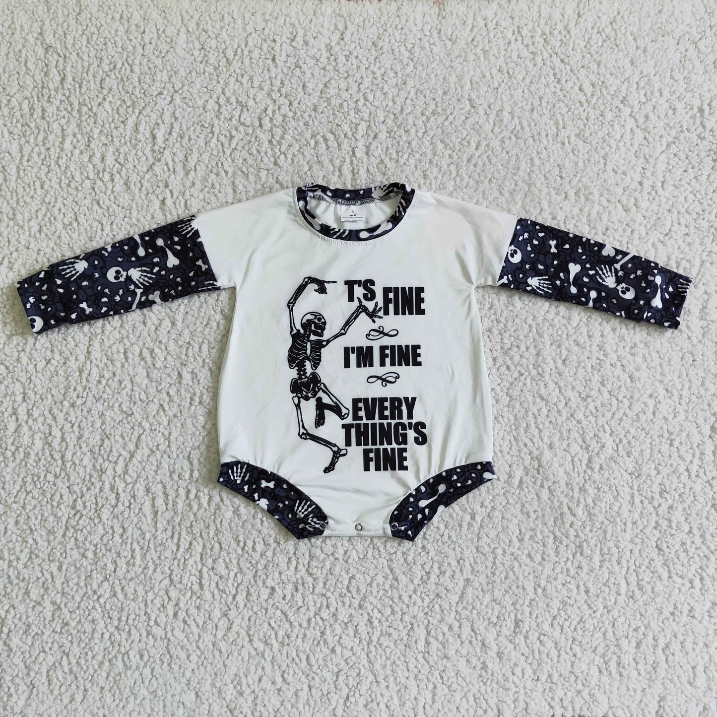 LR0123 Halloween Ghost Cartoon Every Thing Fine Letter Black Blue Girls Long Sleeve Romper