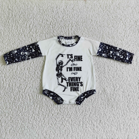LR0123 Halloween Ghost Cartoon Every Thing Fine Letter Black Blue Girls Long Sleeve Romper