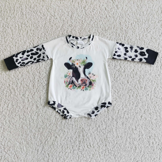 LR0026 Black Floral Cow Print Leopard Girls Long Sleeve Romper