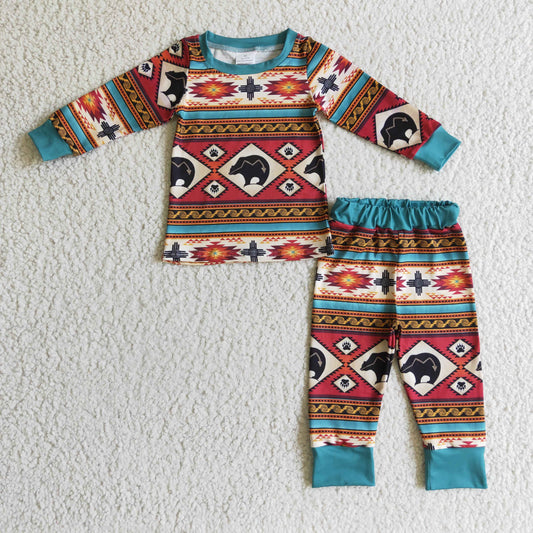 BLP0100 Blue Bear Stripes Western Print Boys Long Sleeve Pants Outfits Pajamas