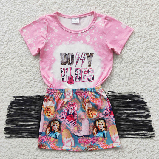 GSD0317 Pink Cartoon Singer Tassel Girls Short Sleeve With Skirt Dresses Outfits