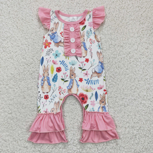 SR0198 Easter Pink Rabbit  Girls Short Sleeve Romper