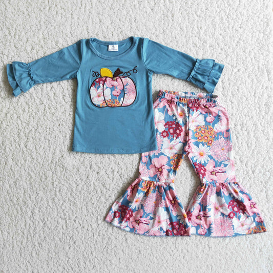 6 C8-39 Halloween Pumpkin Embroidery Floral Girls Long Sleeve Bell Bottom Pants Outfits