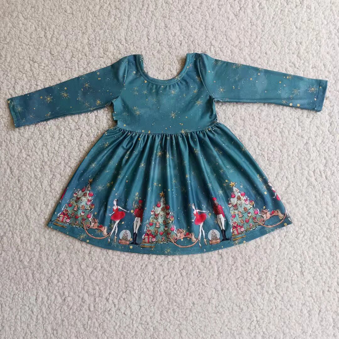 Clearance 6 A4-17 Christmas Blue Deer Santa Girls Long Sleeve Dresses