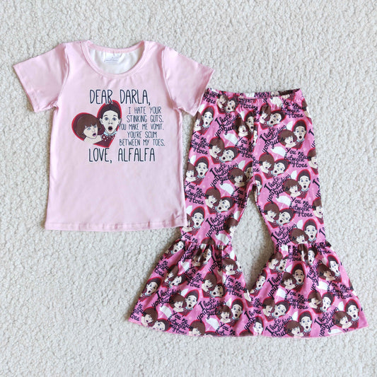 E5-15 Valentine Pink Fashion Love Cartoon Girls Short Sleeve Bell Bottom Pants Outfits