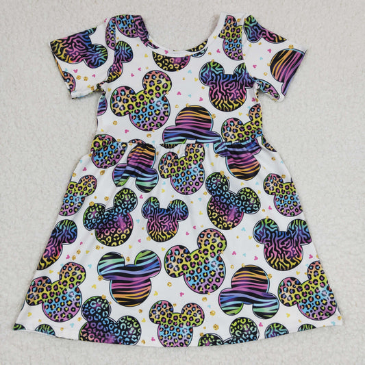 promotion GSD0239 Pink Purple Bleach Leopard M Cartoon Girls Short Sleeve Dresses