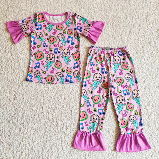 Clearance B1-12 Pink Cartoon Pajamas Girls Short Sleeve Pants Outfits