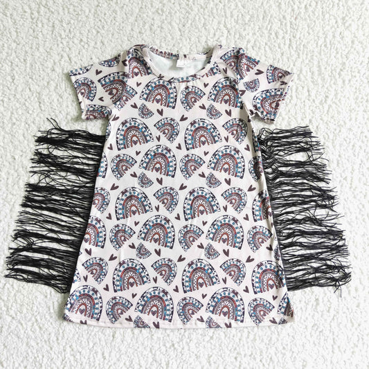 GSD0101 Rainbow Love Tassel Girls Short Sleeve Dresses