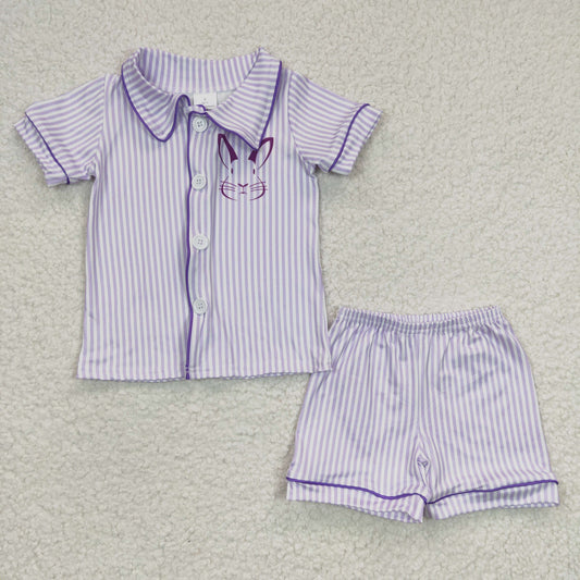 BSSO0105 Easter Purple Stripes Rabbit Boys Short Sleeve Shorts Outfits Collar Pajamas