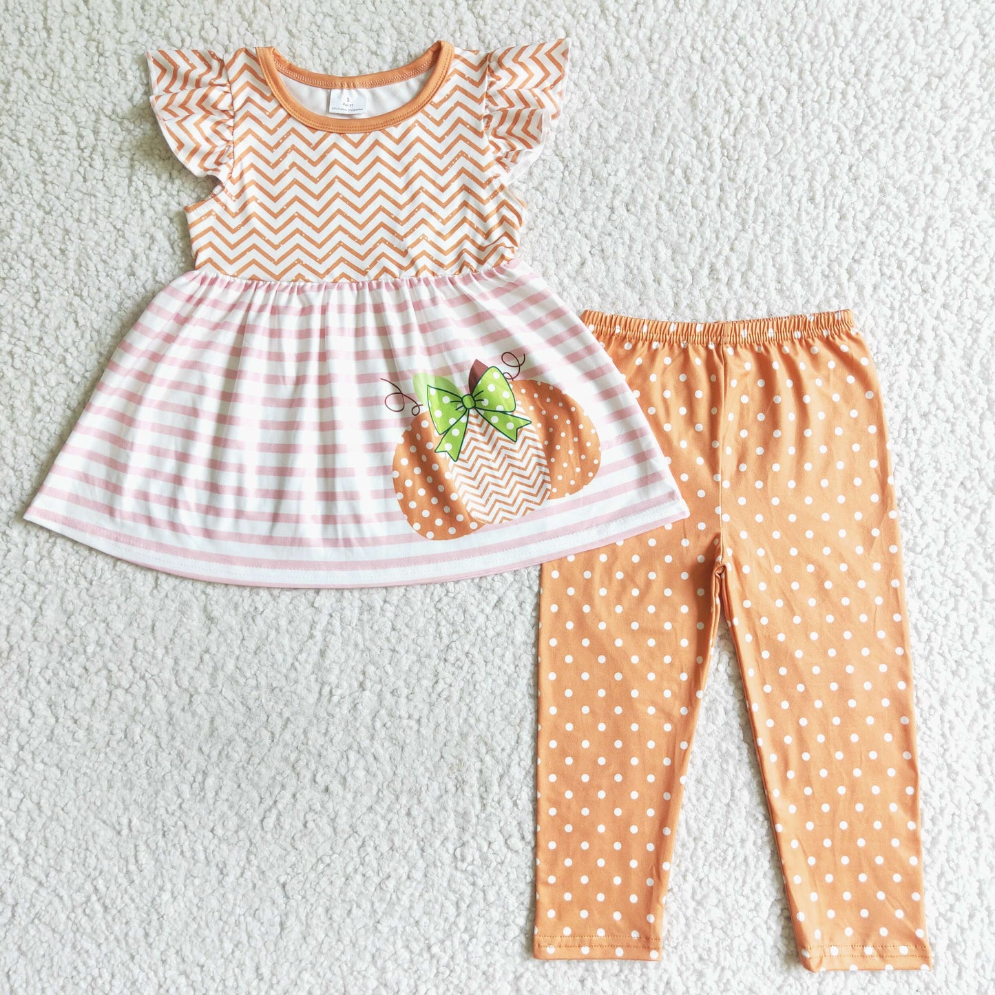 GSPO0172 Halloween Orange Pumpkin Dots Tunic Girls Short Sleeve Pants Outfits