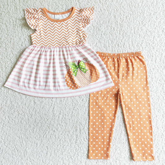 GSPO0172 Halloween Orange Pumpkin Dots Tunic Girls Short Sleeve Pants Outfits