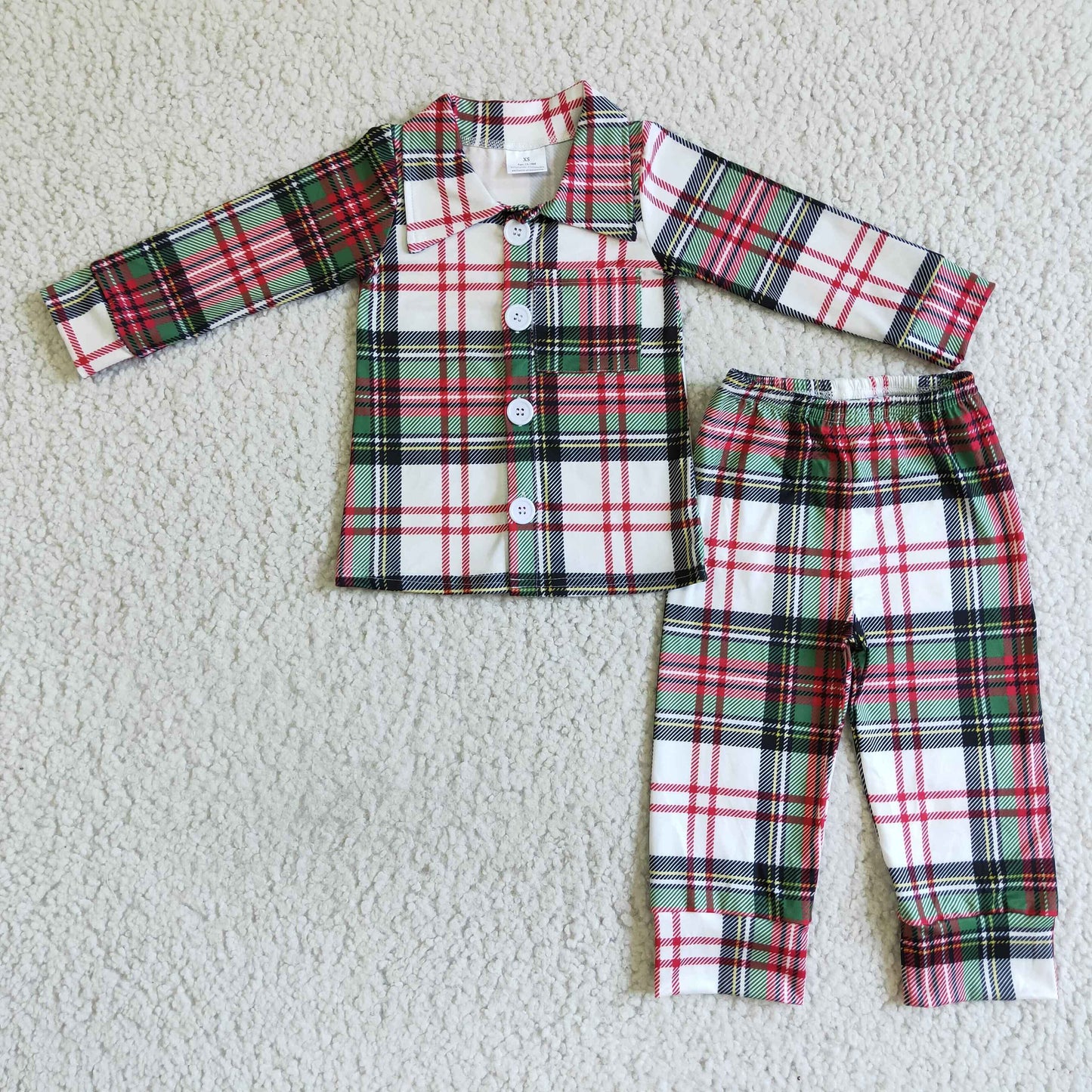 6 A7-15 Christmas Red Green Plaid Print Winter Collar Boys Long Sleeve Pajamas