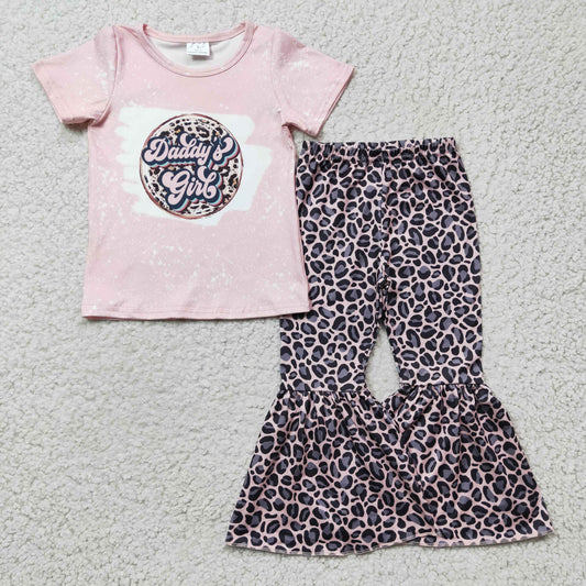 promotion RTS GSPO0219 Daddy's Girl Pink Bleach Leopard Girls Short Sleeve Bell Bottom Pants Outfits