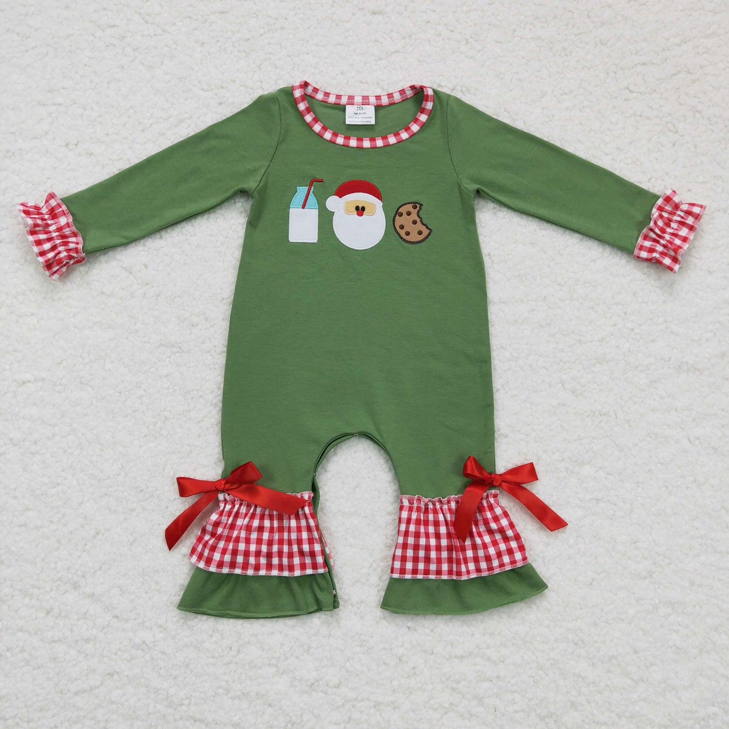 LR0233 Christmas Milk Santa Cake Cookies Green Red Plaid  Girls Long Sleeve Romper