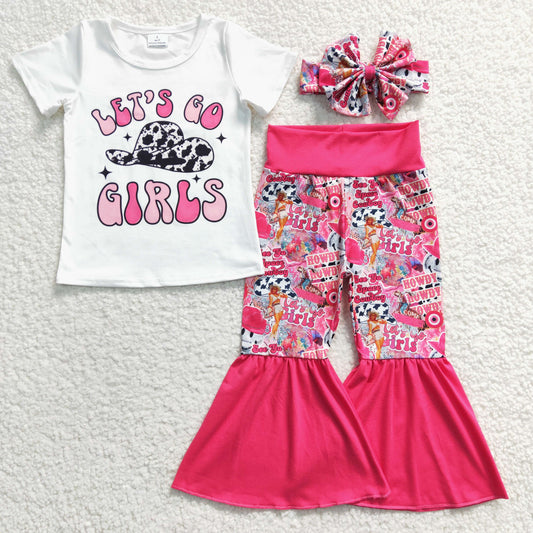 GSPO0511 Pink Let Go Girls Western Cowboy With Bow Headband 3pcs Girls Short Sleeve Bell Bottom Pants Outfits