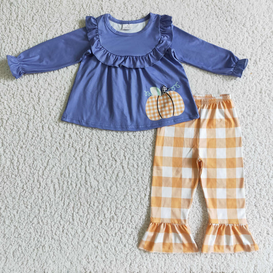 GLP0253 Halloween Pumpkin Blue Orange Plaid Ruffles Tunic Girls Long Sleeve Pants Outfits