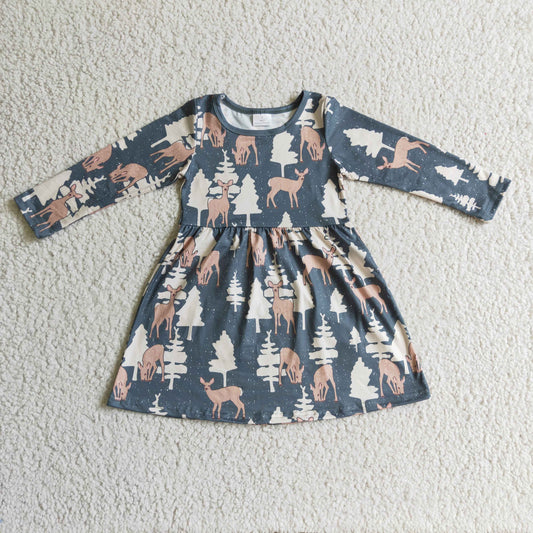 GLD0152 Christmas Green Tree Deer Girls Long Sleeve Dresses