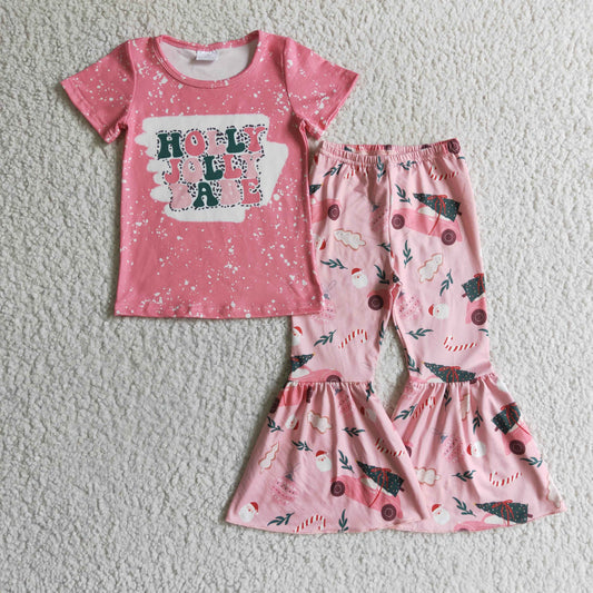 GSPO0196 Christmas Tree Santa Pink Holly Jolly Babe Girls Short Sleeve Bell Bottom Pants Outfits
