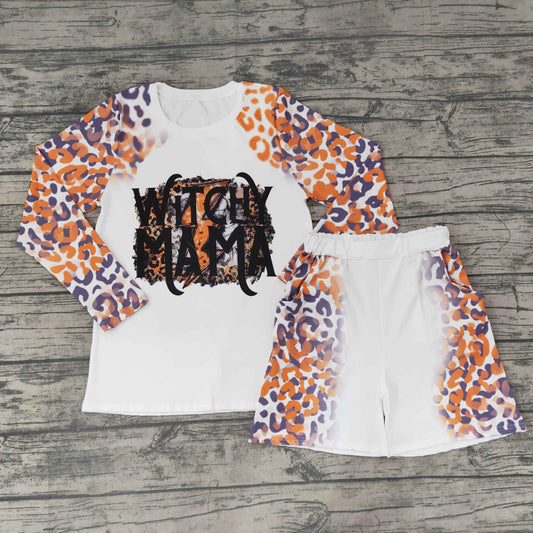 Family Adult GLS0001 Halloween Witch Cartoon Mama Purple Leopard Girls Long Sleeve Shorts Outfits