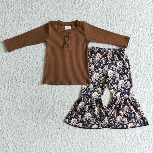 GLP0079 Brown Floral Girls Long Sleeve Bell Bottom Pants Outfits