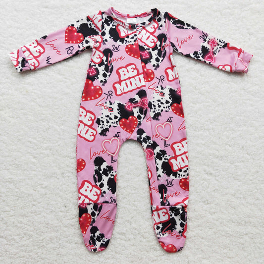 LR0235 Valentine Pink Be Mine Cow Print Love Western Zipper Girls Long Sleeve Romper