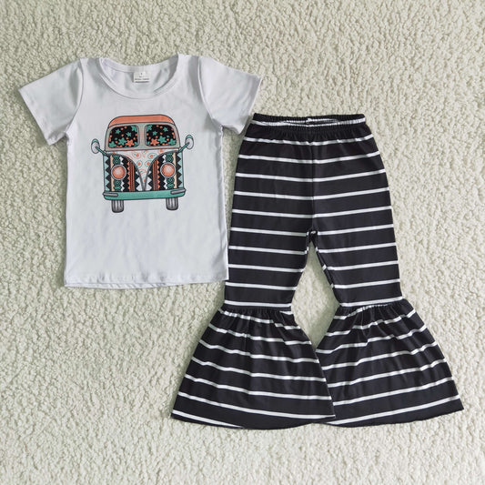 Clearance B5-9 Back To School Bus Black Striped Girls Short Sleeve Pants Outfits