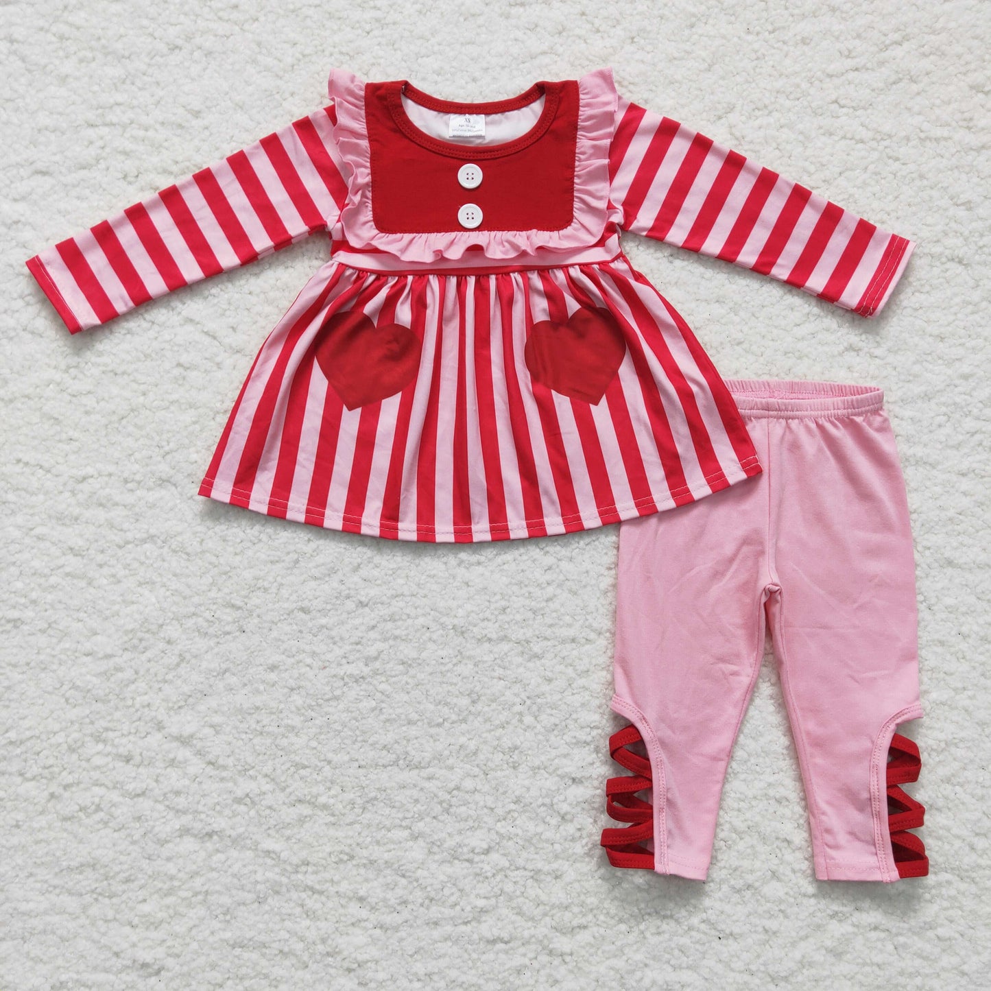 6 B11-22 Pink Valentine's Day Love Striped Print Tunic Girls Long Sleeve Pants Outfits