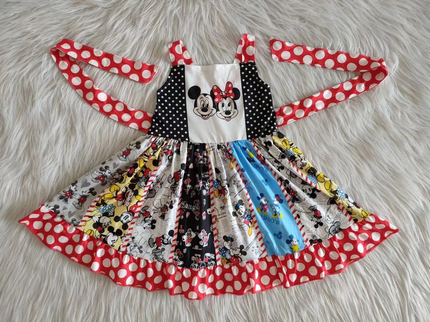 C1-16 Red Dots Mouse Cartoon Belt Patchwork Girls Sleeveless Dresses