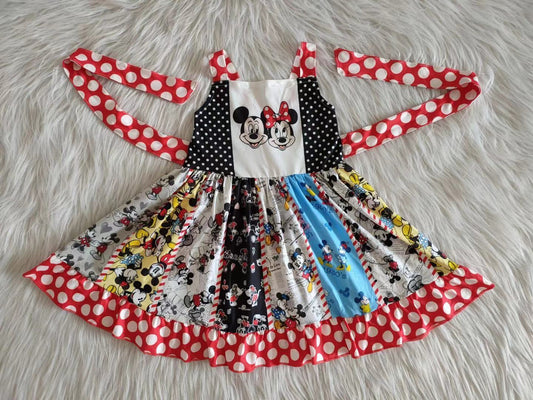 C1-16 Red Dots Mouse Cartoon Belt Patchwork Girls Sleeveless Dresses