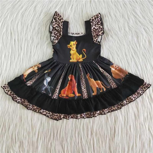 Clearance A17-11 Lion Cartoon Black Leopard Print Patchwork Girl Short Sleeve Dresses