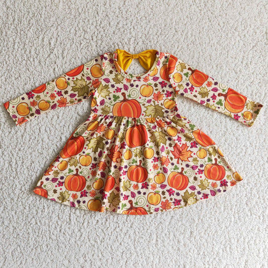 promotion RTS GLD0055 Halloween Pumpkin Yellow Leaf Leaves Girls Long Sleeve Dresses