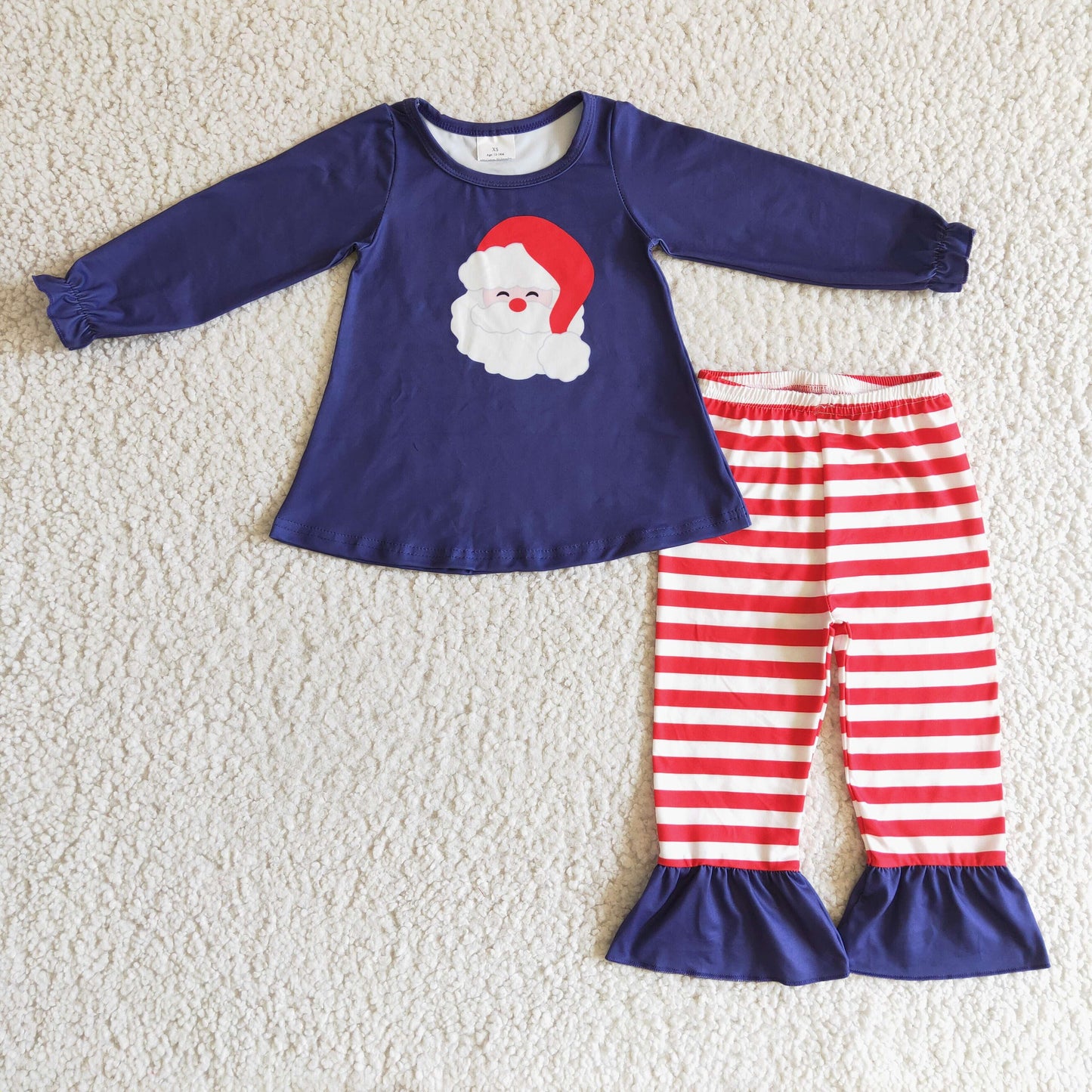 GLP0249  Christmas Santa Red Blue Stripes Girls Long Sleeve Pants Outfits
