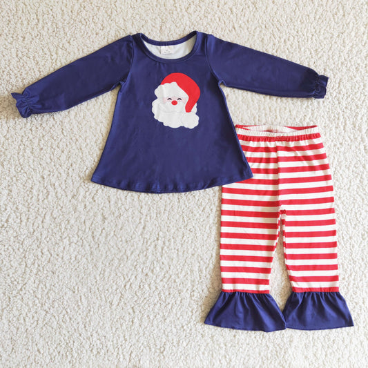 GLP0249  Christmas Santa Red Blue Stripes Girls Long Sleeve Pants Outfits