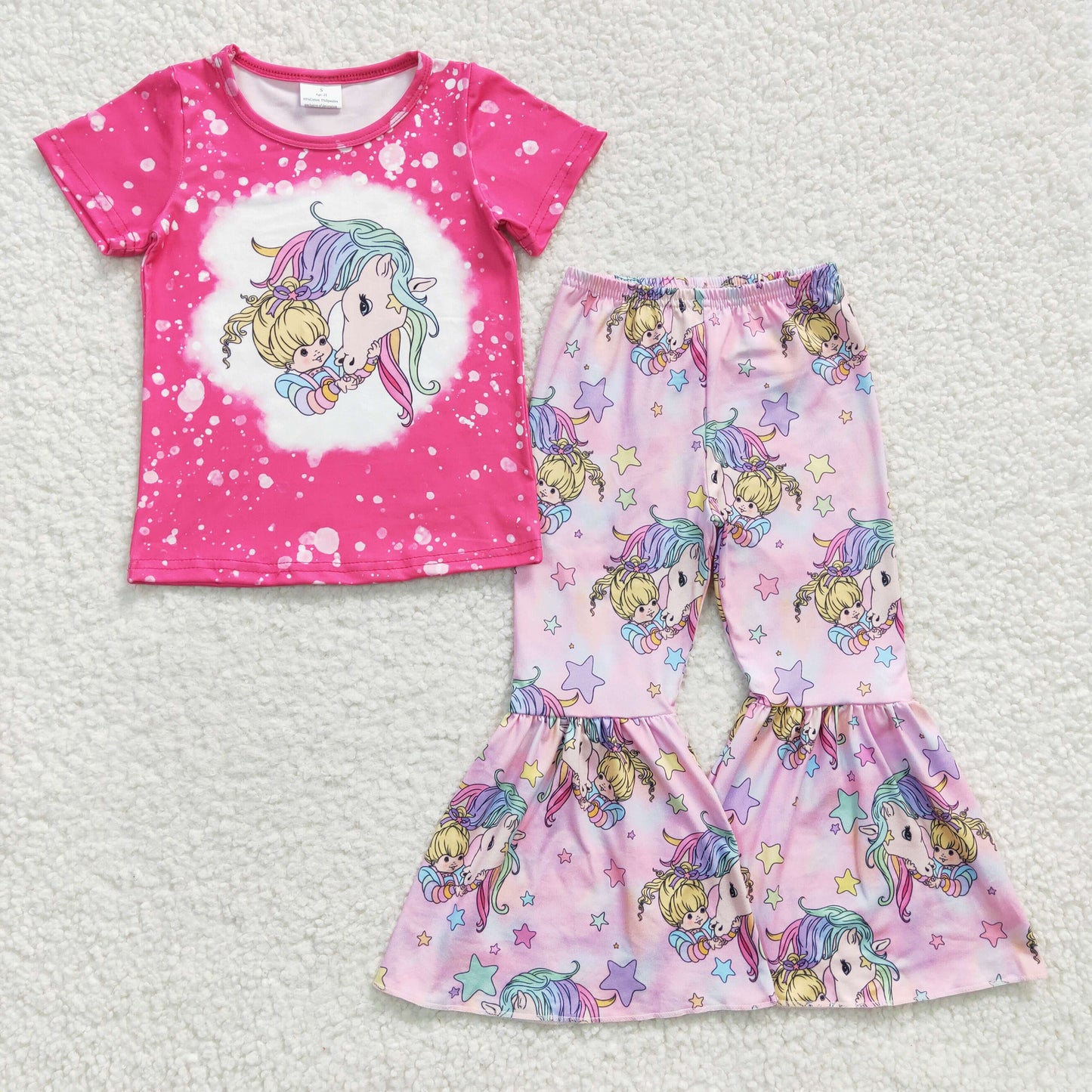 GSPO0465 Pink Cartoon Unicorn Horse Girls Short Sleeve Bell Bottom Pants Outfits