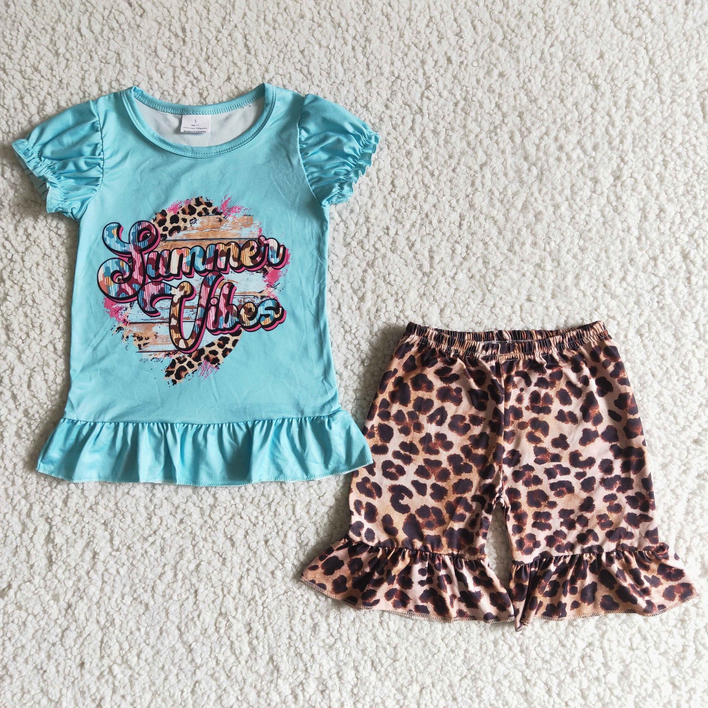 B12-30 Summer Vibes Blue Leopard Girls Short Sleeve Shorts Outfits