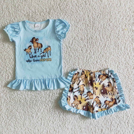 B17-30 Blue Horses Cartoon Girls Short Sleeve Shorts Outfits