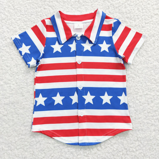 BT0196 4th Of July Red Blue Flag Star Stripes Boys Short Sleeve Top Collar T-Shirts