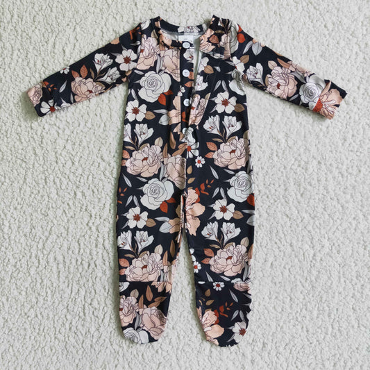 LR0116 Black Floral Girls Long Sleeve Romper