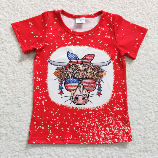 GT0114 4th Of July Red Highland Cow Girls Short Sleeve Top T-shirts